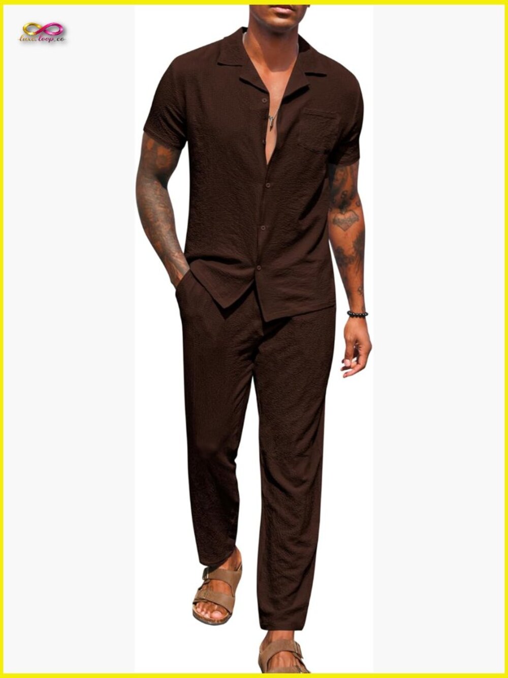 Mens 2 Piece Textured Outfits Short Sleeve Button Down Shirts Loose Pants Set